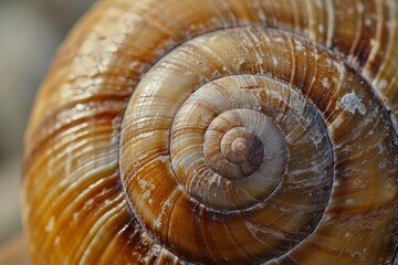 This photo shows a detailed view of the intricate patterns and texture of a snails shell, Close-up photo of the spirals on a snail shell, AI Generated