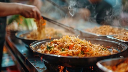 A pan of a person is cooking food in the wok, AI