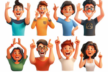 Set of happy, excited, joyful people. Men and women, teenagers show positive gestures. Wow, ok, cool, amazement and victory 3D avatars set vector icon, white background, black colour icon