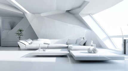 Futuristic white living space with sleek designs and minimalistic decor