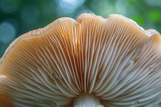 A detailed view of a mushroom up close, capturing its intricate features, set against a softly blurred background, Close-up shot of a mushroom's gills, AI Generated