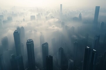An aerial photograph capturing the mist-covered buildings and streets of a city, Cluster of skyscrapers in a smog-filled cityscape, AI Generated