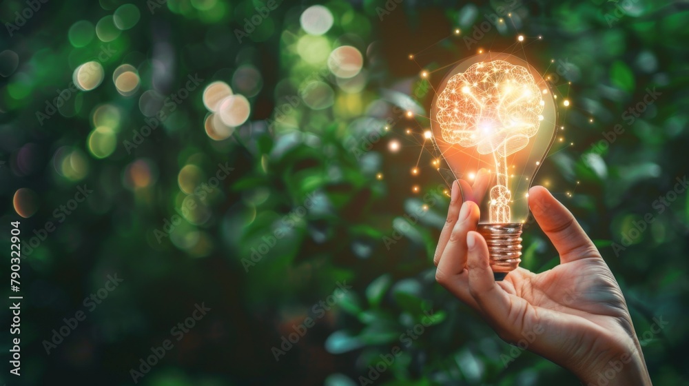 Poster Hand holding drawing virtual lightbulb with brain on bokeh background for creative and smart thinking idea concept.