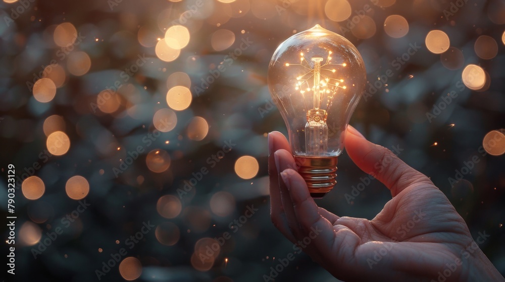 Aufkleber Hand holding the glowing lightbulb that is illuminating for creative thinking idea of problem solving , patent and innovation concept.