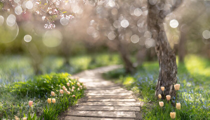 
path in spring garden, flowers, sun, bokeh, idyll, countryside
