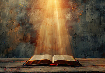 Open bible, book and light on table with salvation from heaven, knowledge and trust in Jesus. Holy story, religion study and sunlight on scripture for spiritual healing, guidance and prayer to God