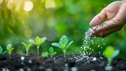 hand of a farmer giving fertilizer to young green plants nurturing baby plant with chemical fertilizer on green bokeh background - obrazy, fototapety, plakaty