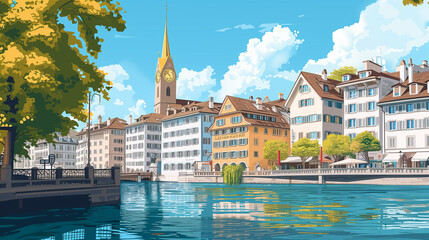 Zurich Old Town cartoon - obrazy, fototapety, plakaty