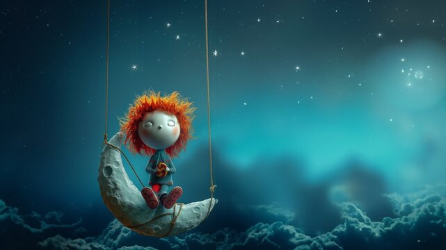 Puppenkiste Marionette mit roten Haaren auf dem Mond