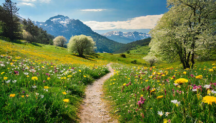 
path in spring landscape, flowers, sun, bokeh, idyll, mountains