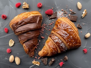 two flat croissants with chocolate and raspberries on a black background
