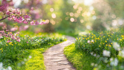 path in spring garden, flowers, sun, bokeh, idyll, countryside