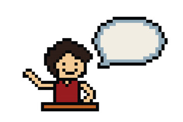 Vector Cute pixel cartoon 8bit character man sit with chat blank vector decoration 8 bit male boy speak discuss idea chat box cartoon pixel game.
