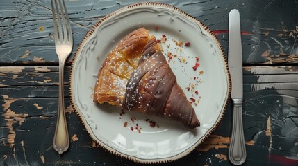 Chocolate croissant on a white plate with fork and knife - Powered by Adobe