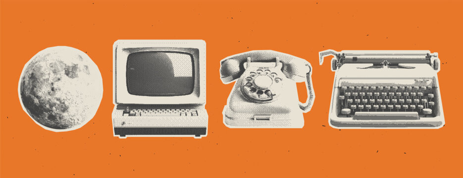 Trendy halftone collage set of clip art elements in a colorful graphic style, includes moon, old computer, telephone, typewriter. Vintage retro dotted texture for poster art or social media.