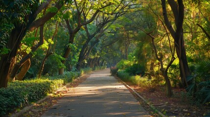 a beautiful nature trail, walkway with dense trees on either side.
