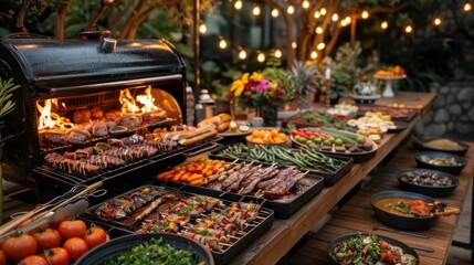 A festive barbecue celebration with a long table filled with grilled delights and festive decorations