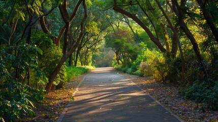 a beautiful nature trail, walkway with dense trees on either side. - obrazy, fototapety, plakaty