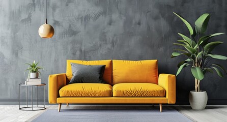 Yellow Couch and Potted Plants in Living Room