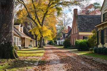 Fototapeta na wymiar A dirt road with multiple houses and tall trees in the background, showcasing the suburban landscape, Colonial architecture of Williamsburg, Virginia, AI Generated