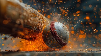 A baseball soaring through the air as it is hit by a bat, capturing the intense moment of impact in a dynamic and energetic display. - Powered by Adobe