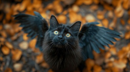 black cat with small wings sitting in the orange autumn leaves. 