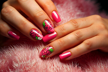 Close-up nail art featuring floral designs, vibrant pink shades, a glossy finish, and a cheerful vibe. A glamorous woman's hand with fingernail polish on it..