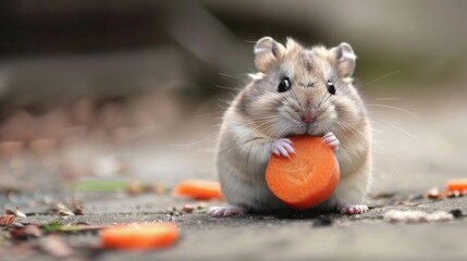 Happy hamster: A tiny hamster nibbles on a piece of fresh carrot, its cheeks bulging with adorable chubby cheeks. - obrazy, fototapety, plakaty