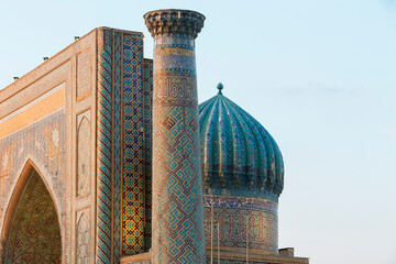 Samarkand, Registan details. Ancient architecture, landmark. Travel, tourism to Central Asia, Uzbekistan