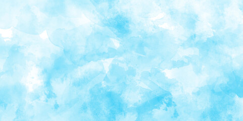 grunge Light blue background with watercolor, watercolor scraped grungy paper texture, Blue sky is surrounding with tiny clouds, blue and white watercolor paint splash or blotch with sky blue stains. - obrazy, fototapety, plakaty