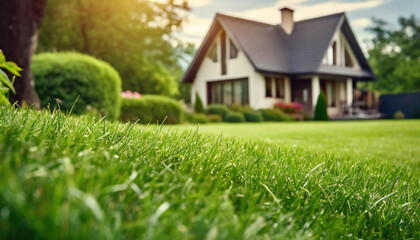 Close-up of green lawn with blurred house in the background. Backyard landscaping.