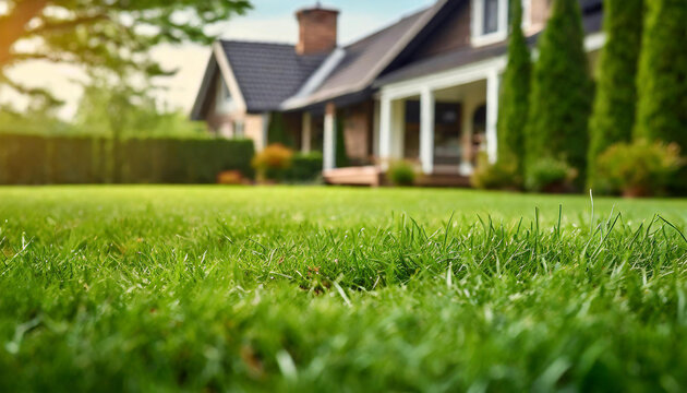 Close-up of green lawn with blurred house in the background. Backyard landscaping.