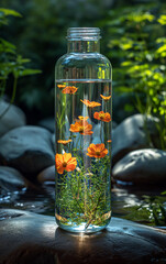 Transparent water bottle indoors image. AI generates it.
