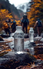 Transparent water bottle indoors image. AI generates it.