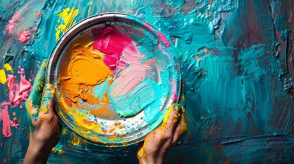 A person holding a paint brush in their hands with some colorful paints, AI