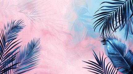 Fototapeta na wymiar Palm Leaves on Pink and Blue Background