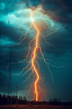 Electric discharge from a lightning rod, glowing intensely against a stormy sky, focuses on the rod's conductivity and environmental safety