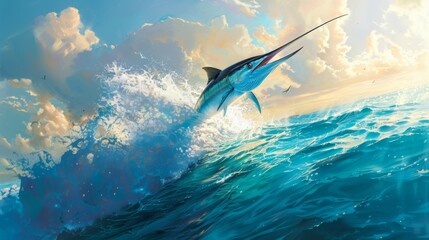 Majestic marlin: A sleek marlin breaches the surface of the ocean, its powerful form highlighted against the backdrop of azure waters. - obrazy, fototapety, plakaty