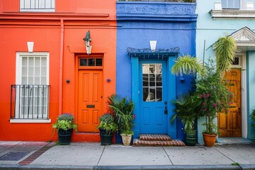 Fototapeta na wymiar A lively row of houses featuring a vibrant array of colors, highlighted by a standout blue door, Colorful townhouses in New Orleansâ€™ French Quarter, AI Generated
