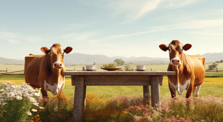 cows in the pasture with wooden table as background
