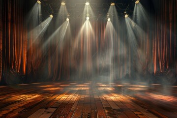 Stage With Curtain and Illuminated Light - obrazy, fototapety, plakaty