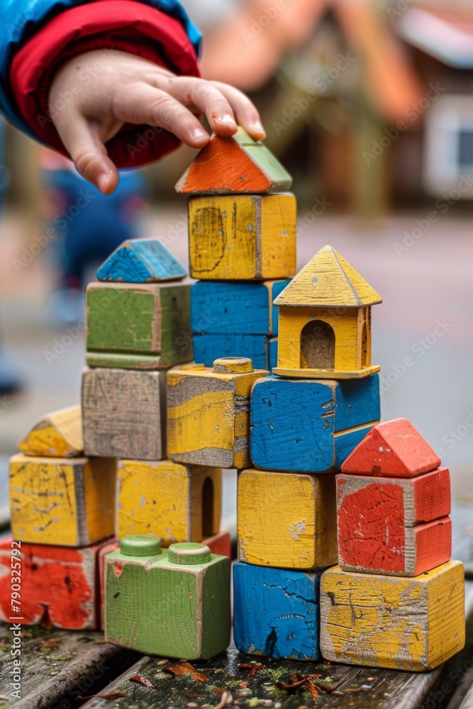 Poster A child's hand reaching for a wooden house on top of another, AI