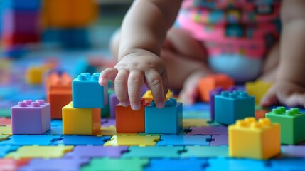 A baby playing with colorful blocks on a floor, AI