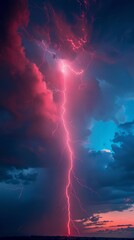 In a thunderstorm, red lightning illuminates the blue sky with high voltage, a fierce scene of shock and awe