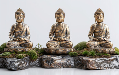 Three bronze Buddha statues sitting on rocks with moss, against a plain white background.