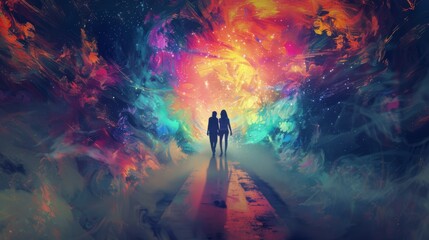A surreal illustration of two people hand in hand walking from a abstract space, generated with AI
