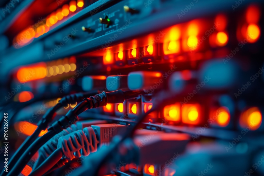 Poster a scene showing multiple servers lined up in a row, with red and yellow lights illuminating the room