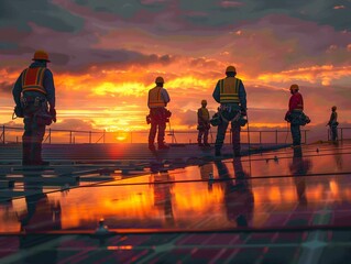 a huddle of construction workers and foreman on a solar contstruction site at sunrise, photo realistic