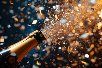 A bottle of champagne is being forcefully poured into the air, creating a cascading spray of champagne droplets, Confetti exploding from a champagne bottle, AI Generated - obrazy, fototapety, plakaty