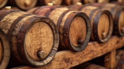 A row of wooden barrels with labels on them sitting in a warehouse, AI